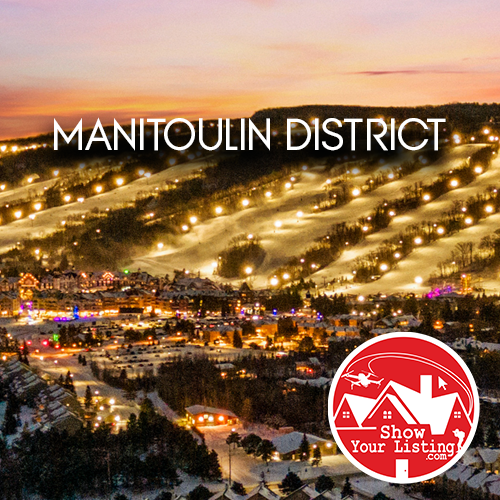 Stunning aerial view of Manitoulin District, showcasing scenic Manitoulin Island, ideal for real estate media, virtual tours, and drone photography in Northeastern Ontario.