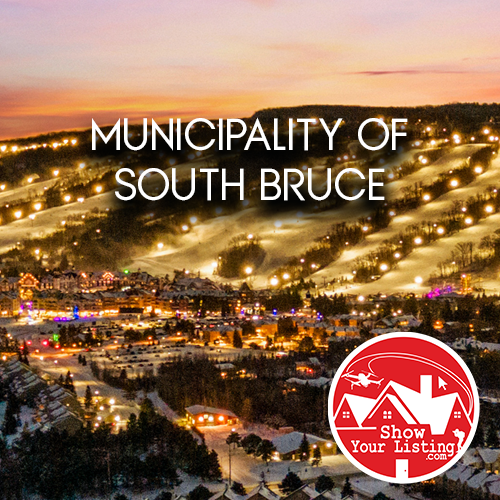 Drone aerial view of South Bruce, showcasing Mildmay, Teeswater, and scenic landscapes, perfect for real estate photography and listings in Bruce County.