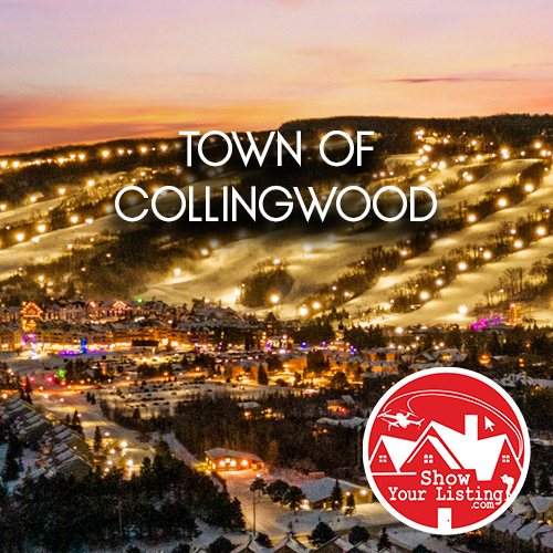 Stunning aerial view of Collingwood, showcasing its proximity to Georgian Bay and Blue Mountain, highlighting real estate opportunities and vibrant community life in this charming destination.