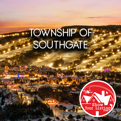 Stunning drone view of Southgate, Grey County showcasing agricultural lands, Eco Park, and recreation facilities, ideal for real estate media content and property listings.